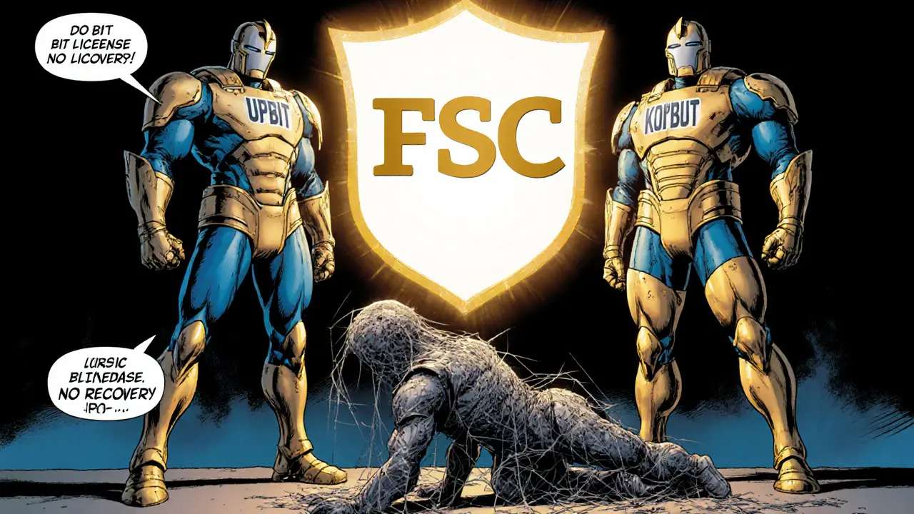Trois plateformes légales en armure face à BitClover en ruine, sous un bouclier légal avec le logo FSC.
