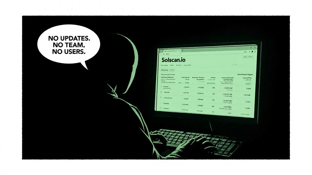 Un développeur inconnu dans une pièce sombre, regardant un écran avec peu de données sur Solscan.