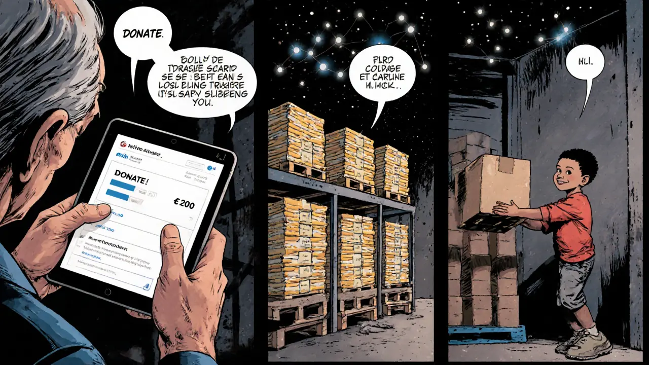 Un donateur âgé suit en temps réel son don de 200 euros jusqu&#039;à une boîte de pâtes reçue par un enfant.