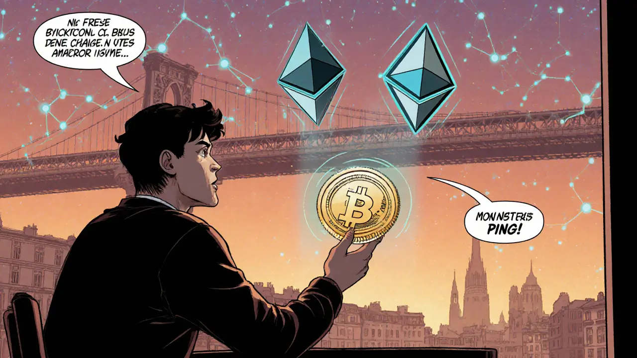 Un étudiant français reçoit des loyers sous forme de jetons numériques, tandis que des blockchains se connectent au fond du ciel.