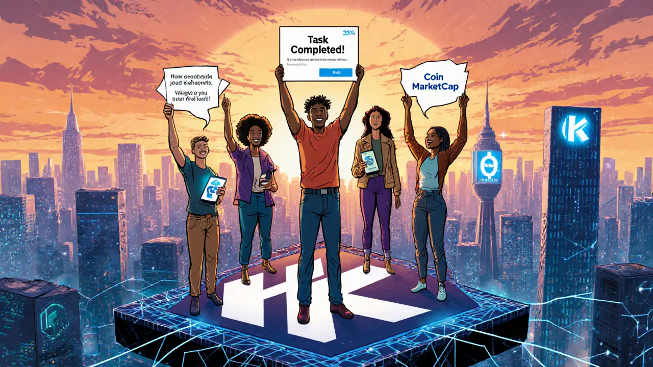 Un groupe de participants célèbre avoir terminé les tâches de l&#039;airdrop KALATA sur une plateforme blockchain flottante.