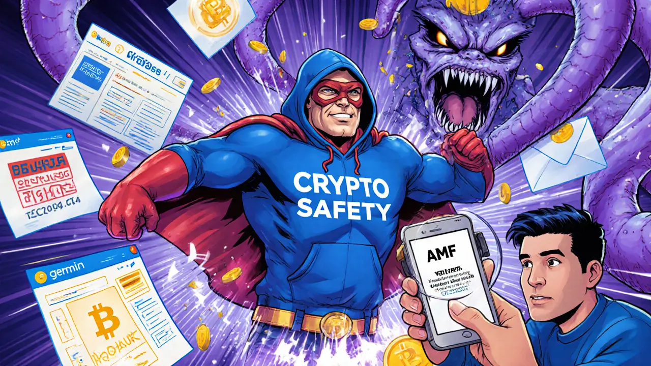 Un héros de la sécurité crypto détruit un monstre d&#039;escroquerie, tandis que des plateformes légitimes brillent à l&#039;horizon.