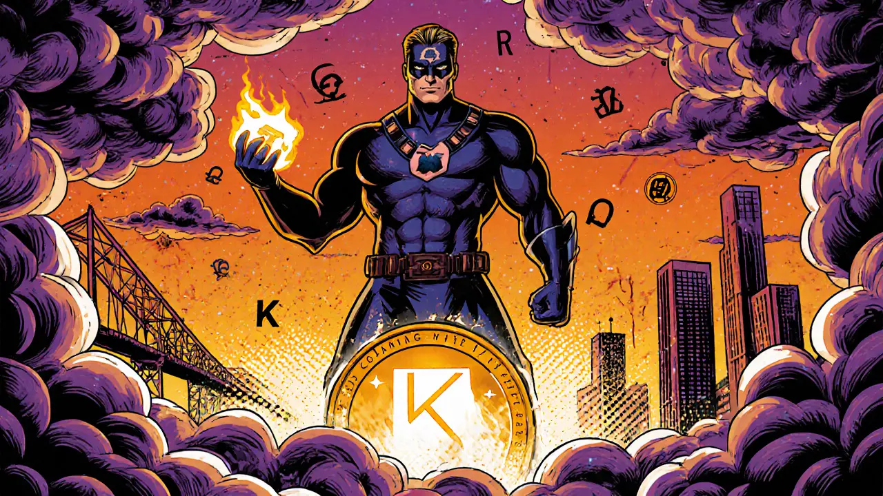 Un jeton KCS héroïque protégé par la chaîne KCC, face à des nuages réglementaires et des symboles de piratage.