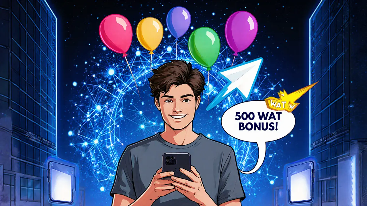 Un joueur gagne 500 WAT en ouvrant l&#039;application GAMEE sur Telegram, des points flottent autour d&#039;eux.