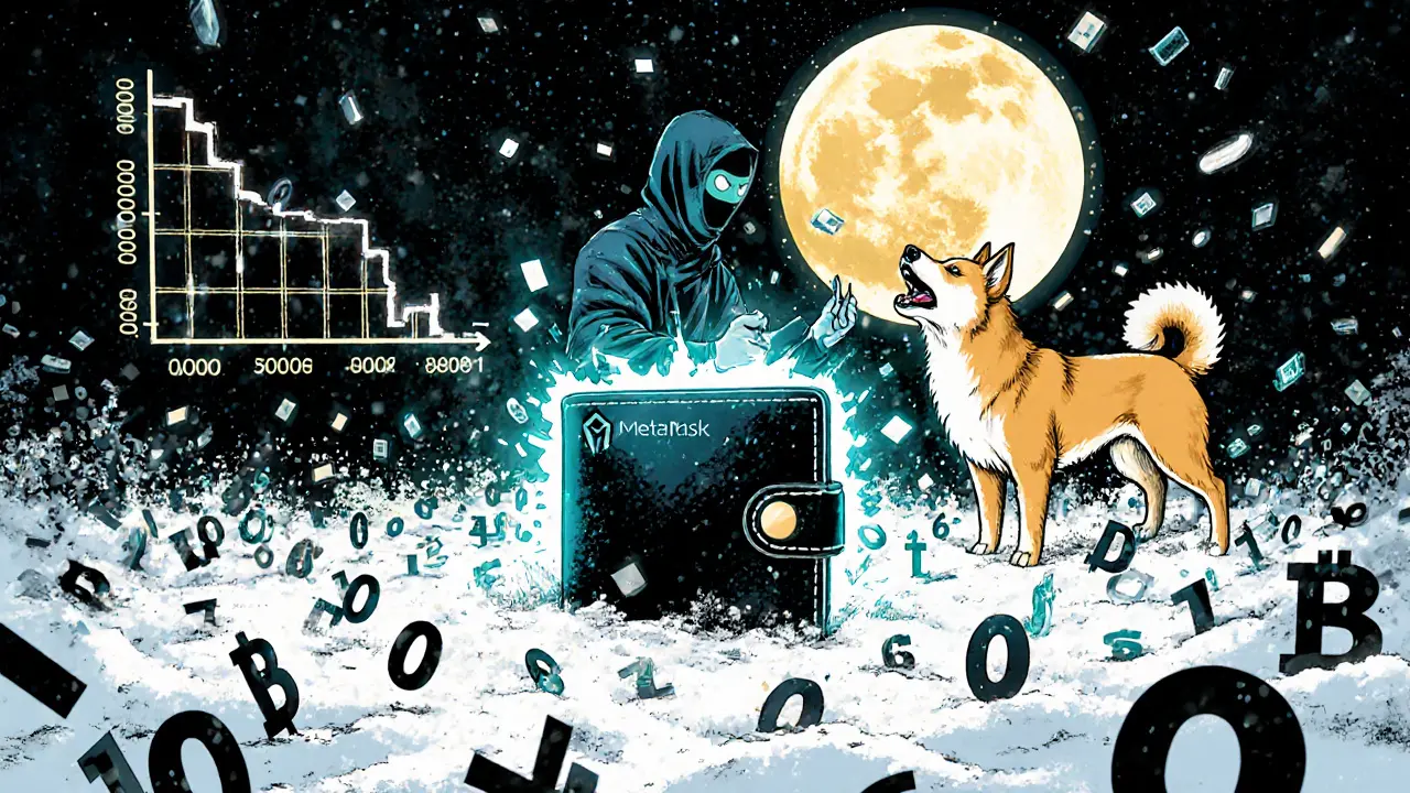 Un marché crypto chaotique avec des millions de prix minuscules flottants et un portefeuille MetaMask au centre.