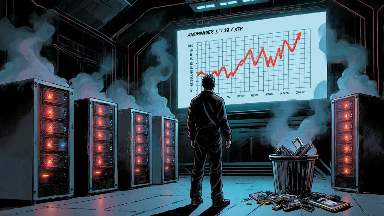 Un mineur face à un écran holographique affichant une hausse de difficulté, entouré de machines surchauffées.