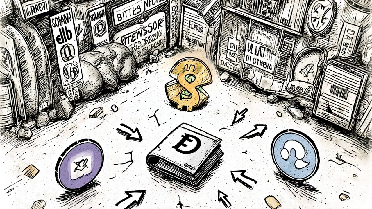 Un petit jeton GLDS perdu parmi de grands projets crypto comme Bittensor dans un marché animé.