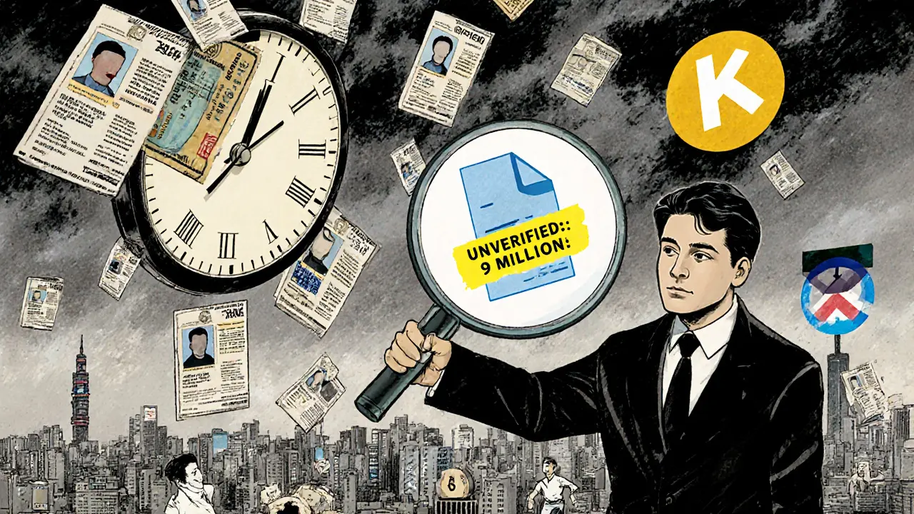 Un régulateur examine des millions de documents d&#039;identité falsifiés flottant dans les airs, sous une horloge qui pointe vers janvier 2025.