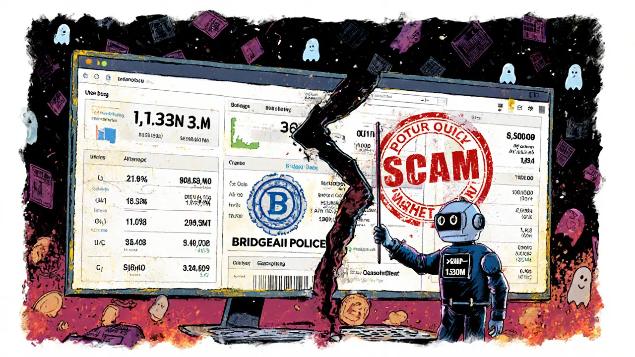 Un tableau numérique déchiré affiche des données contradictoires et une IA fantôme incapable d&#039;arrêter une escroquerie.