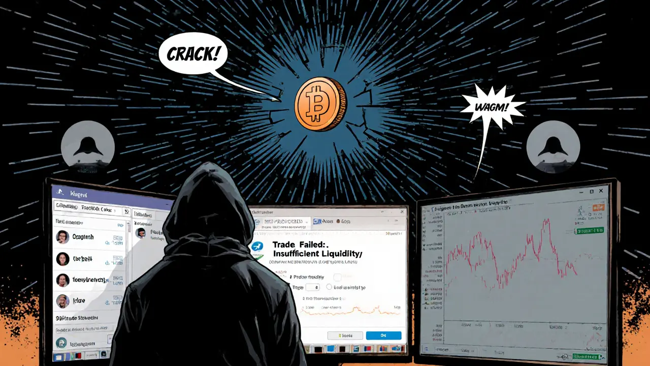 Un trader face à un échec de transaction sur Wagmi (Kava), entouré de canaux de communication morts.