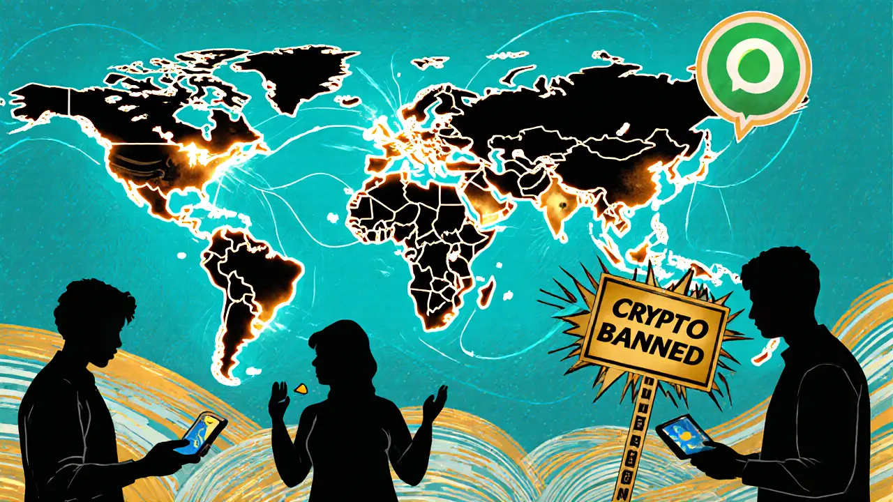 Une carte mondiale montrant des flux de crypto vers des nœuds P2P, tandis que des gens ordinaires envoient de l'argent à leur famille malgré les interdictions.