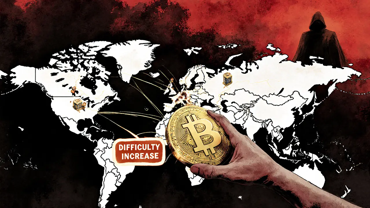 Une carte mondiale montrant les hubs de minage connectés à Bitcoin, tandis que de petits mineurs fuient une main géante.