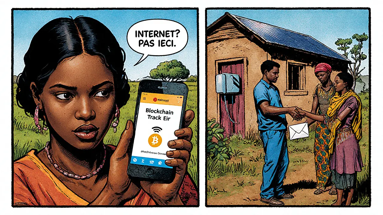 Une femme au Kenya tente de suivre un don sur son téléphone, mais le signal est perdu dans un village sans internet.