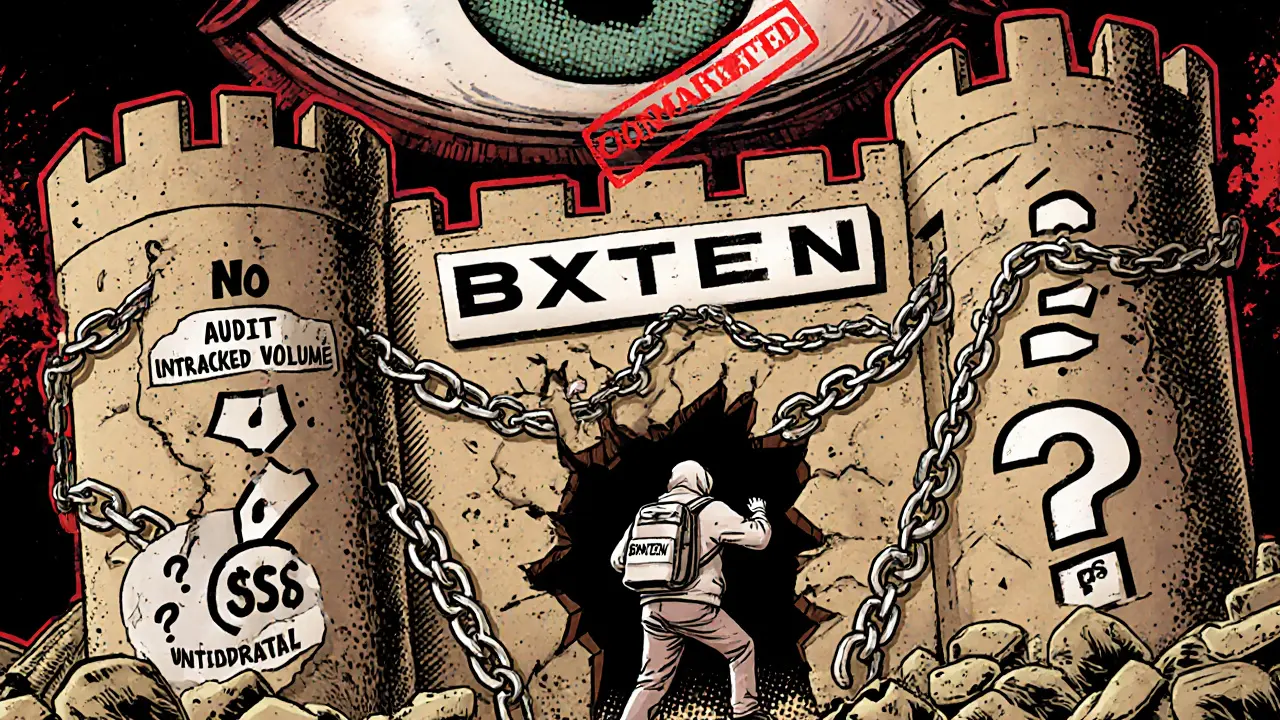 Une forteresse BXTEN en ruine sous des chaînes de risques, un utilisateur fuyant avec 100 $, un œil de CoinMarketCap observe.