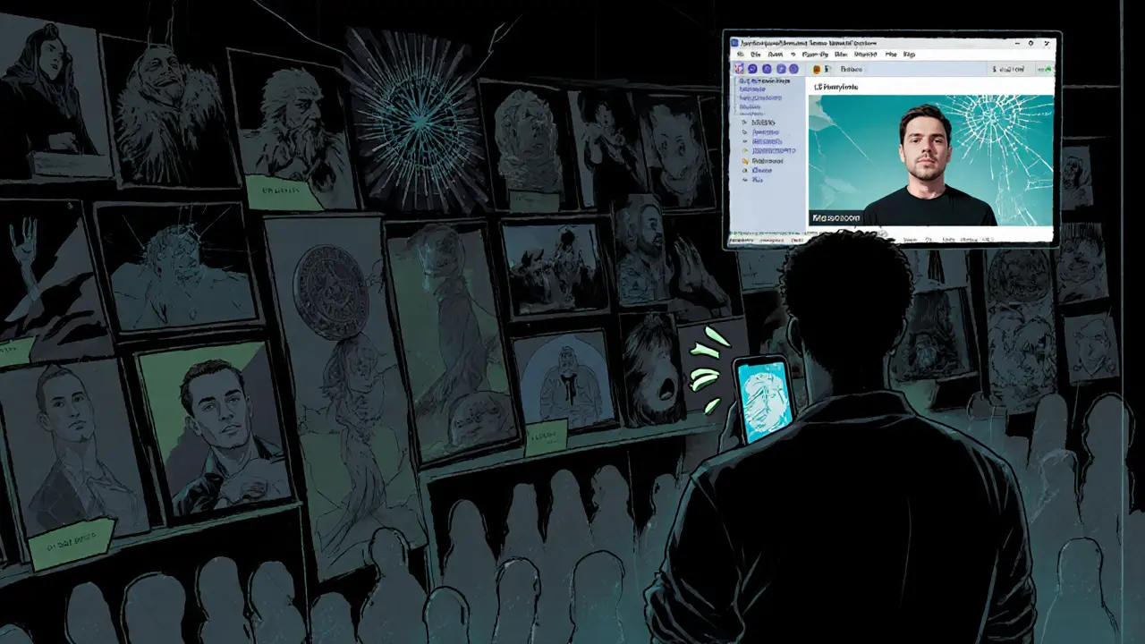 Une galerie d'NFTs se vide lentement, un investisseur regarde un écran vide avec tristesse.