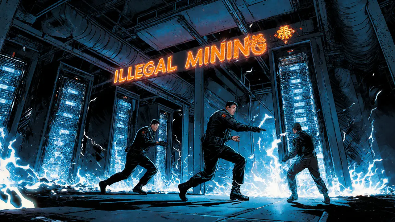 Une raid gouvernemental chinois sur une ferme de minage illégale, avec des serveurs en feu et des agents en tenue tactique.