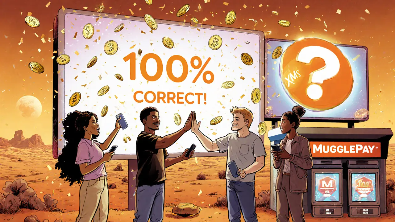 Utilisateurs célébrant après avoir réussi un quiz pour obtenir des jetons XMS devant un terminal de paiement crypto.