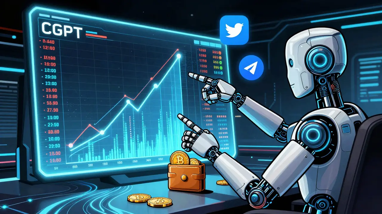 Assistant IA futuriste analysant des graphiques de crypto-monnaies avec des jetons CGPT en train d'être distribués.