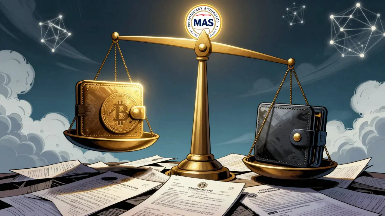 Balance géante opposant un portefeuille crypto personnel léger à une montagne de documents d&#039;entreprise, symbole MAS au centre.