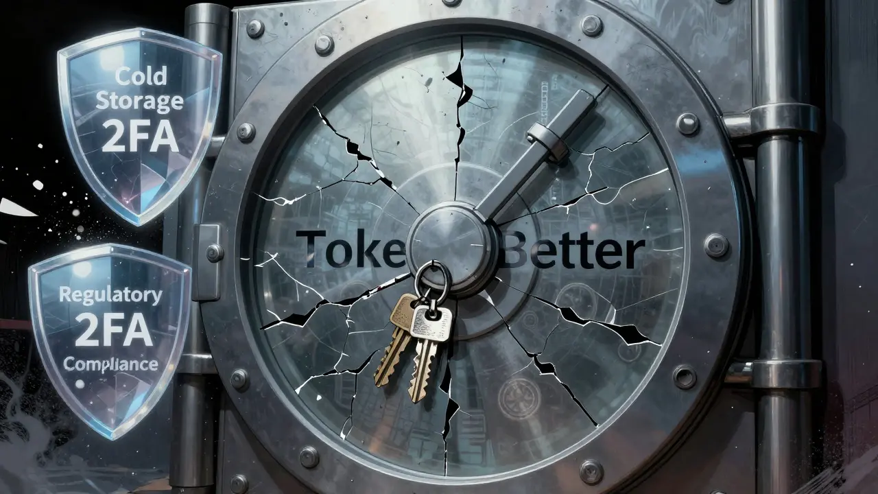 Coffre-fort numérique fissuré de TokenBetter sans serrure ni preuve de sécurité, entouré de symboles de confiance détruits.