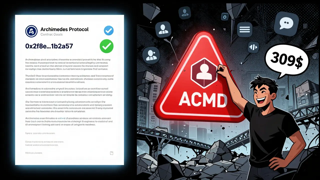 Contraste entre le contrat officiel ACMD vérifié et un token falsifié avec un prix artificiel de 309 $ sur une plateforme non fiable.