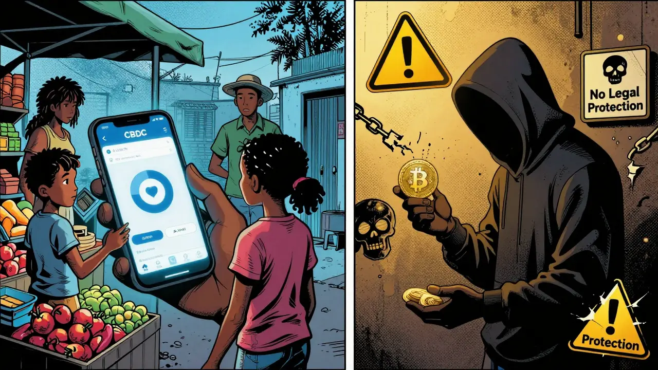 Contraste entre une CBDC officielle utilisée en toute sécurité et un échange Bitcoin risqué dans l&#039;ombre.