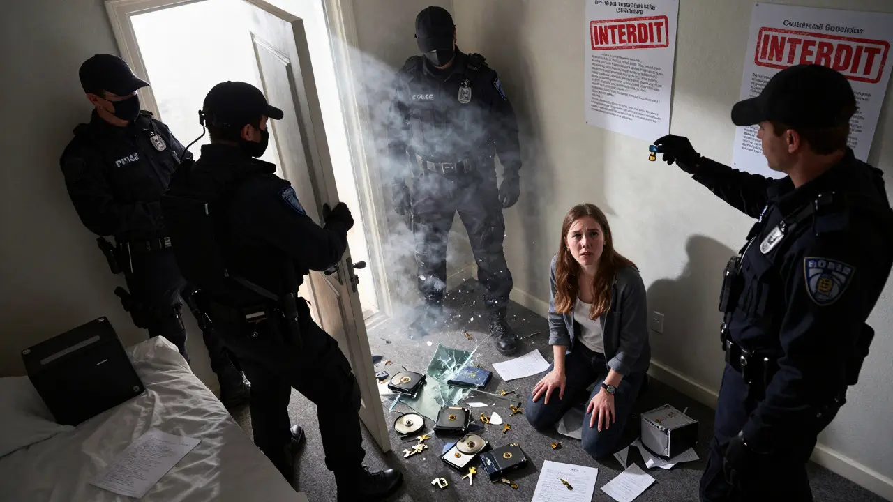 Des agents de police saisissent des ordinateurs et des clés privées écrites sur papier lors d&#039;un raid dans une chambre d&#039;étudiant.