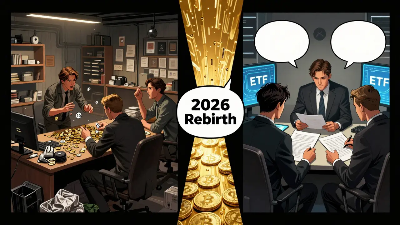 Deux mondes : traders particuliers en désordre à gauche, investisseurs institutionnels calmes à droite, reliés par un chemin vers une reprise en 2026.