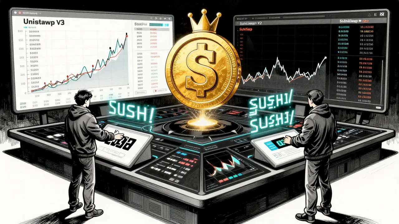 Deux traders sur un champ de bataille numérique, l'un échange des ETH, l'autre fournit des liquidités SUSHI/ETH.