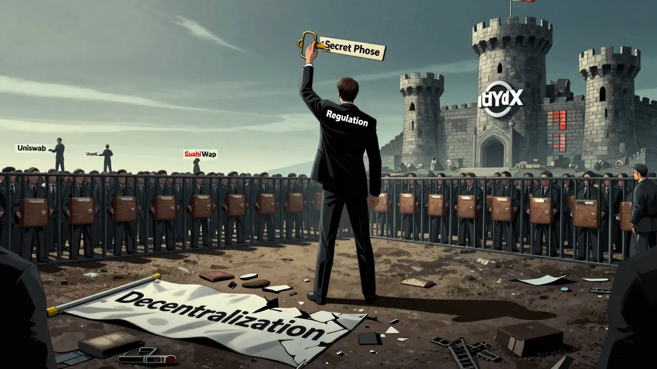 Drapeau de la décentralisation déchiré, une figure de régulation tenant la phrase secrète au-dessus d'une foule emprisonnée par des blocages géographiques.