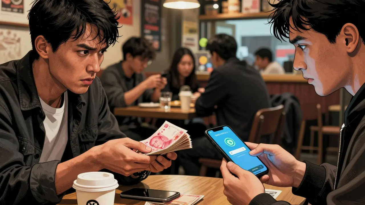 Échange clandestin de cash contre des crypto-monnaies dans un café de Pékin, avec des messages chiffrés en arrière-plan.