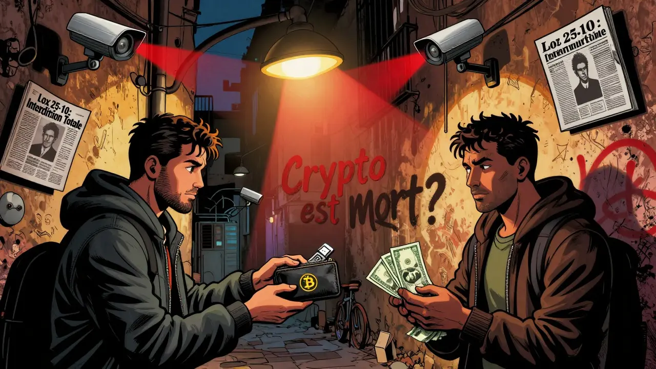 Échange clandestin de crypto-monnaie dans une ruelle d&#039;Alger, avec un drone de surveillance au-dessus et des billets de dinars.