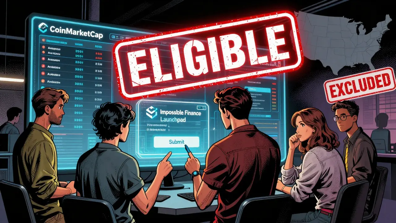 Groupe d&#039;utilisateurs devant des écrans holographiques de CoinMarketCap, un grand tampon &#039;ÉLIGIBLE&#039; brillant au-dessus d&#039;eux.