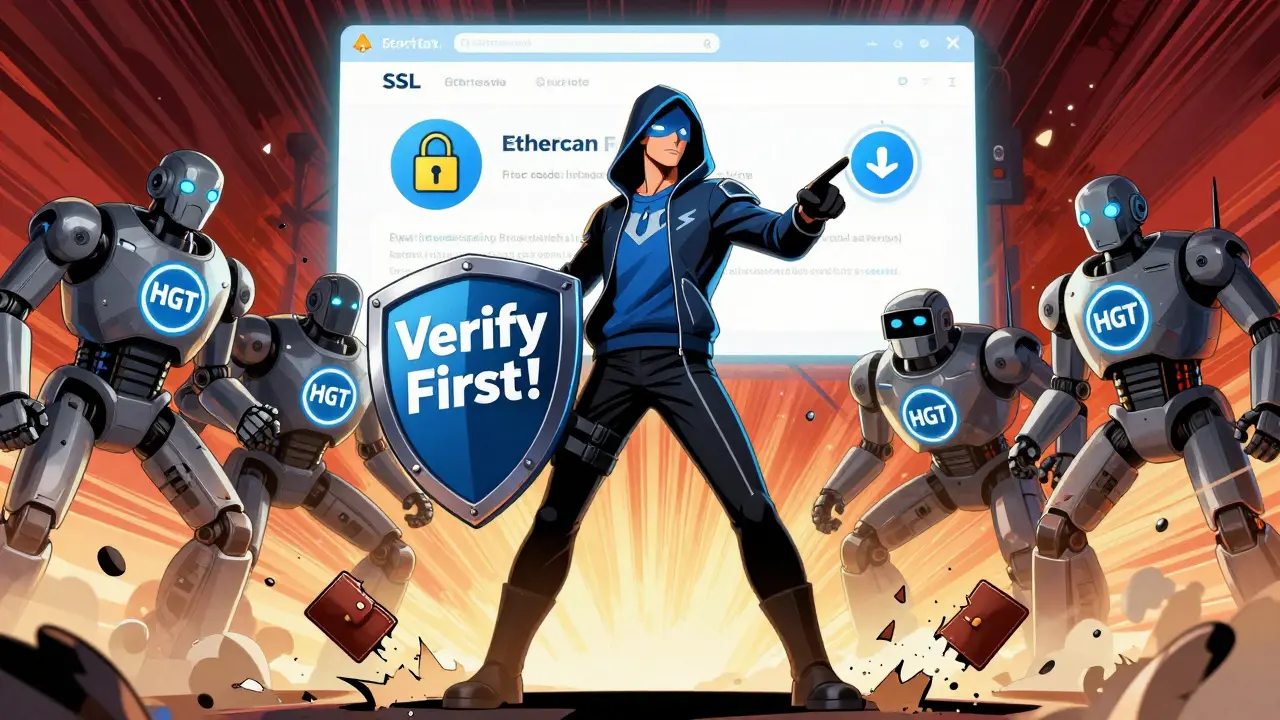 Héros bloquant des bots d&#039;arnaque avec un bouclier &#039;Vérifiez d&#039;abord&#039;, entouré de sites vérifiés.