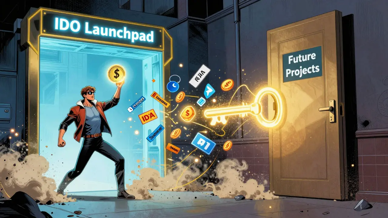 Héros tenant un jeton IF qui ouvre une porte vers un lancement de projet, laissant derrière lui des arnaques numériques.