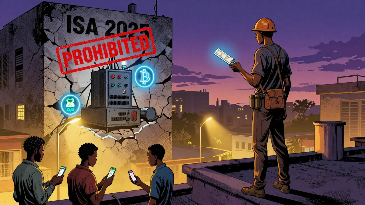 Mineur sur un toit vendant des bitcoins en P2P sous des lumières clignotantes, applications de paiement en arrière-plan.