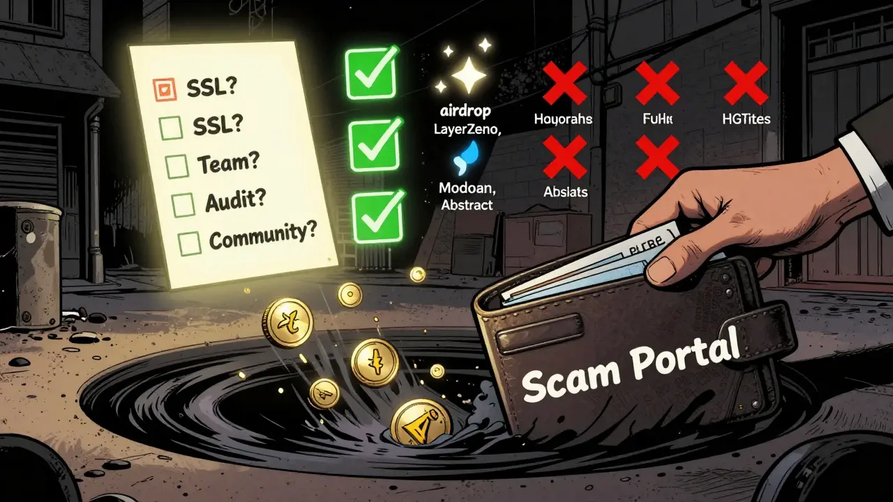 Portefeuille aspiré dans un vortex d&#039;arnaque, avec une checklist de vérification lumineuse en arrière-plan.