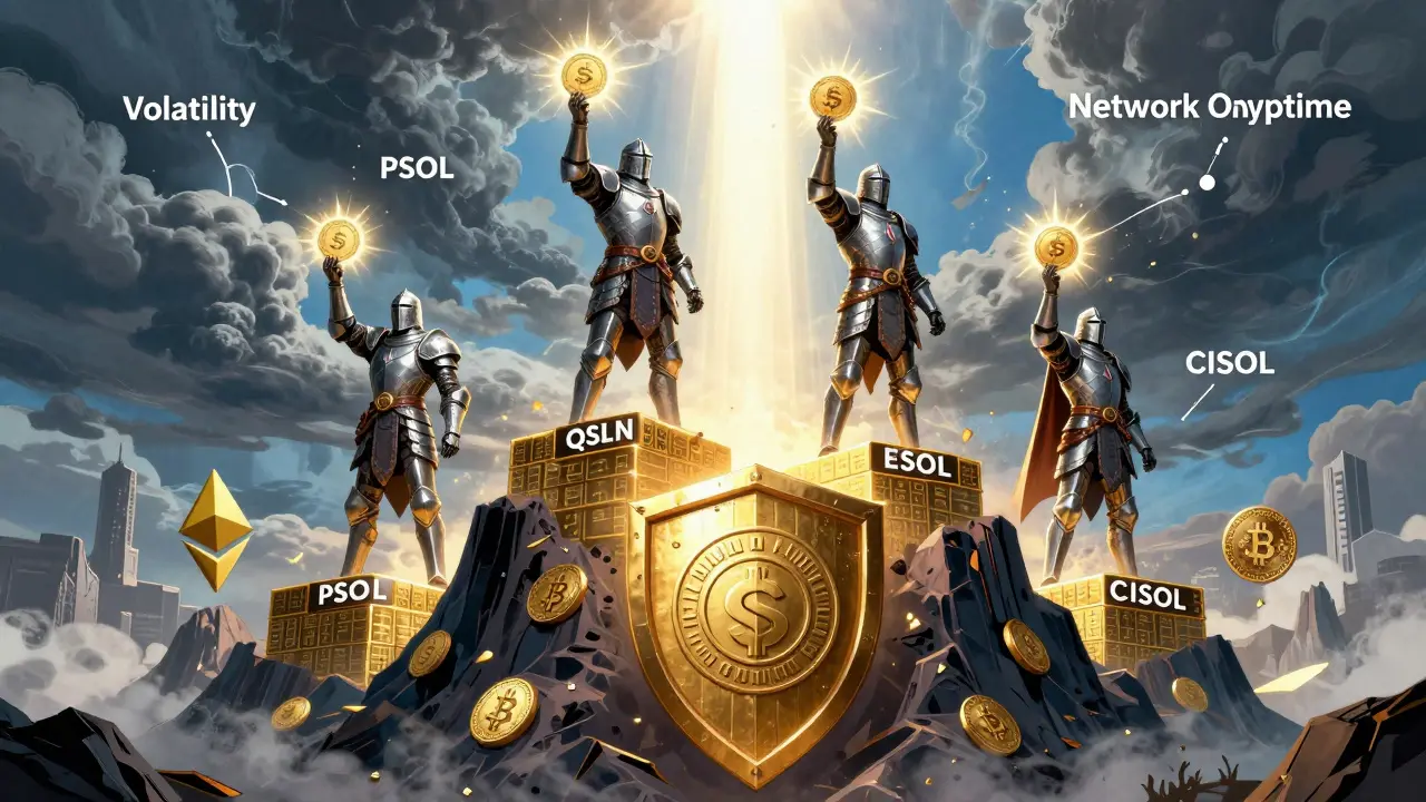 Quatre ETF Solana représentés comme des chevaliers protégeant un écosystème blockchain canadien.