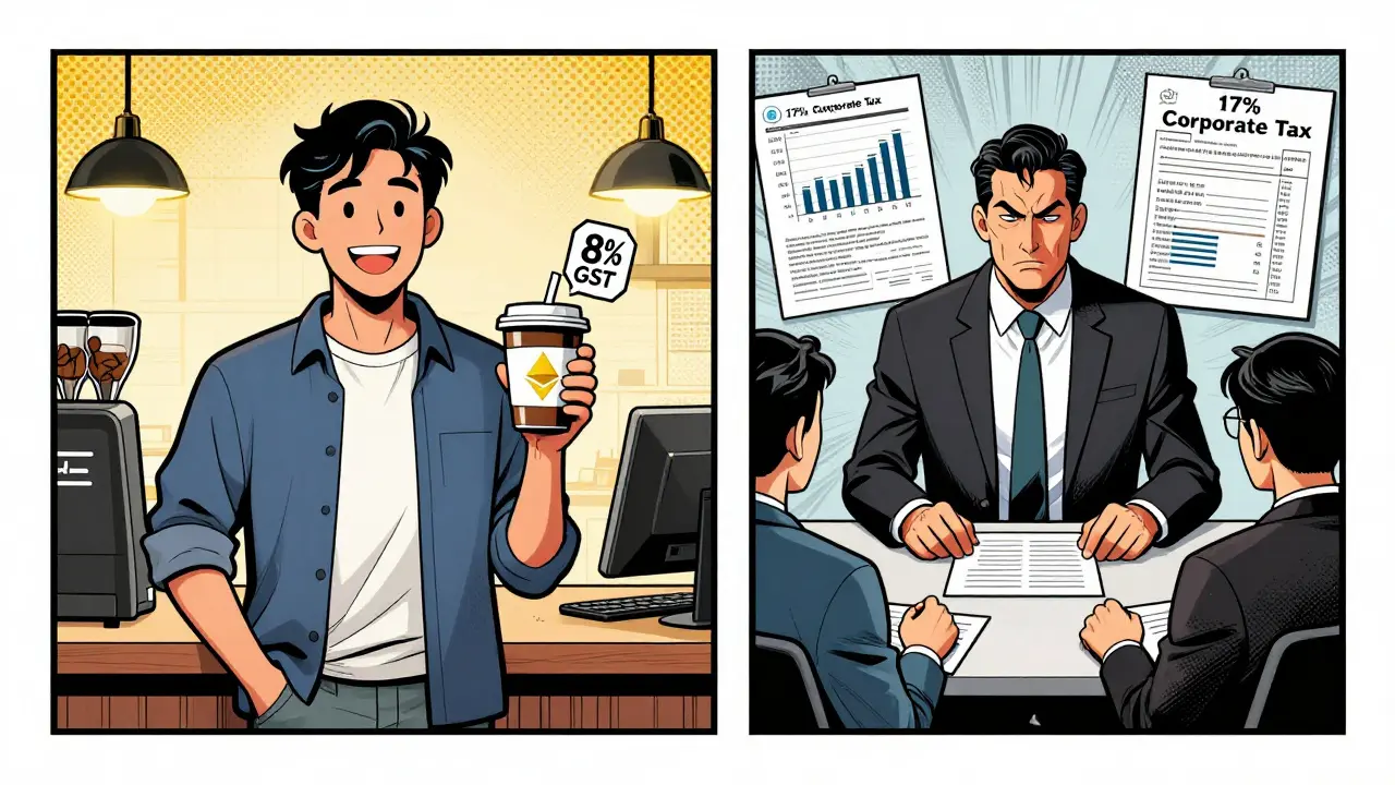 Scène divisée : particulier achetant un café avec crypto vs entreprise entourée de papiers fiscaux et de taxes.