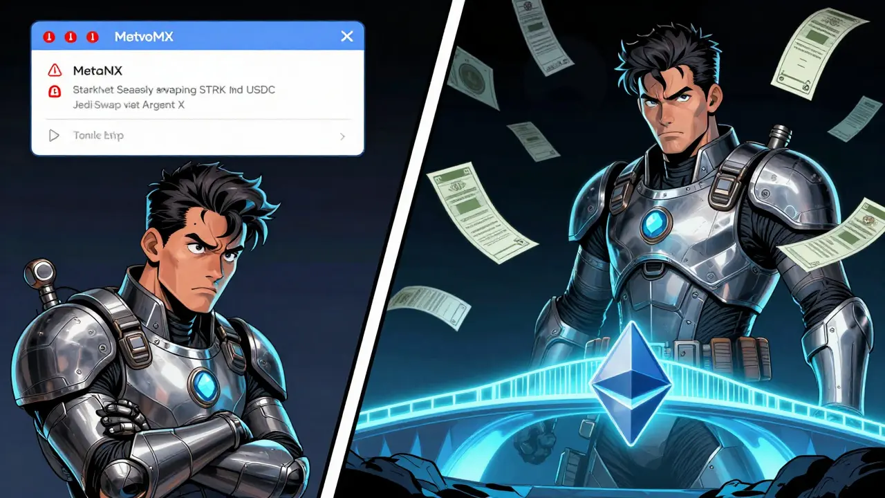 Split-panel : un débutant face à une erreur MetaMask à gauche, un utilisateur StarkNet qui échange en toute simplicité à droite.