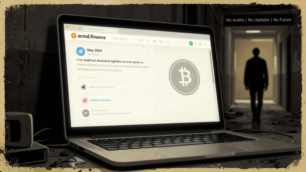 Tableau silencieux d’un projet crypto abandonné : écran d’ordinateur obsolète, chat Telegram sans messages, token ACMD qui disparaît.