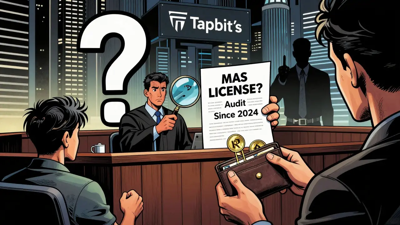 Tapbit jugé à Singapour pour absence d'audit, un utilisateur perd des fonds, agent réglementaire en arrière-plan.