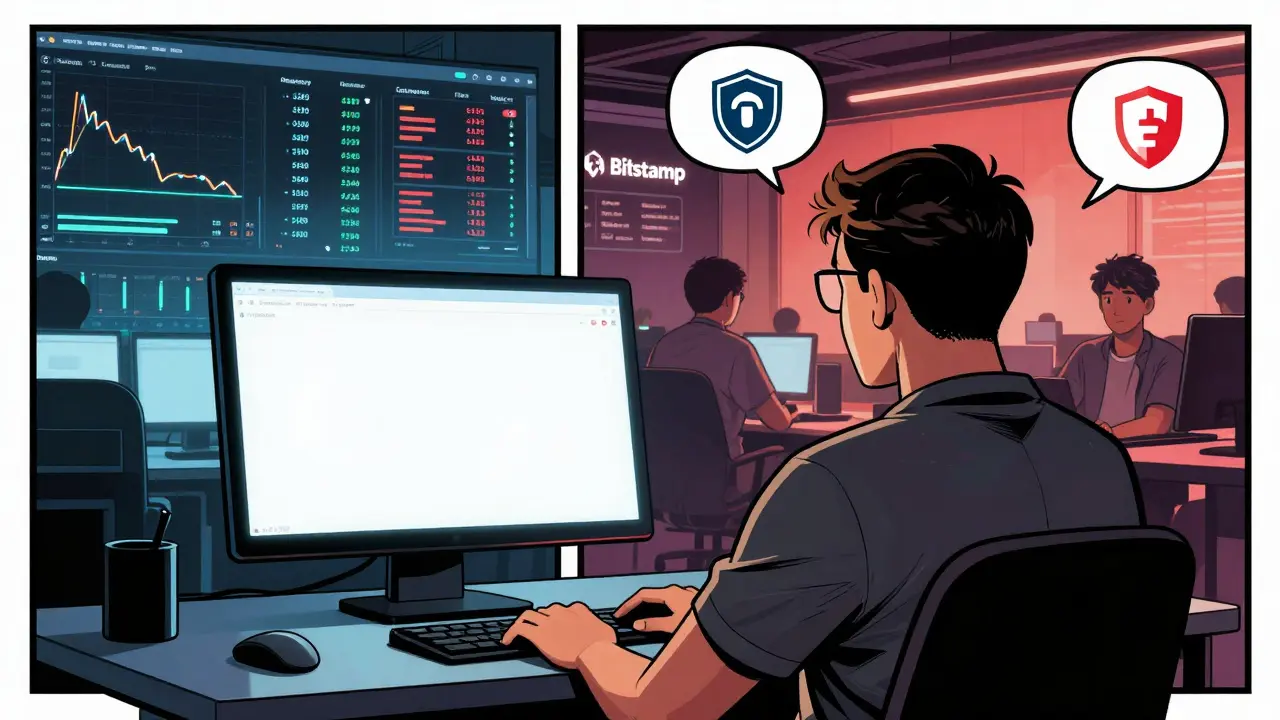 Trader face à un écran vide de TokenBetter, tandis que d&#039;autres bourses crypto brillent d&#039;activité autour de lui.