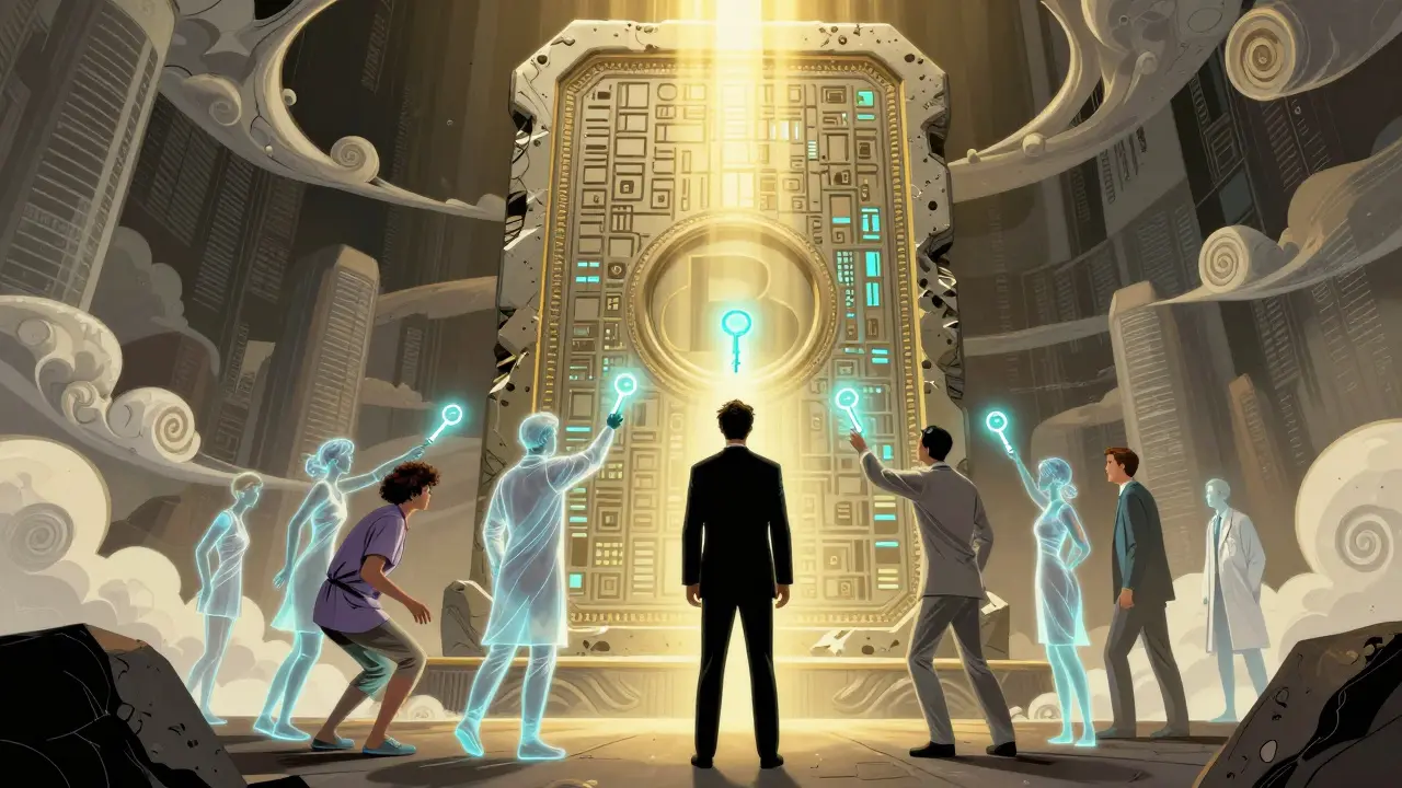 Un auditeur regarde une tablette numérique représentant une blockchain comme un symbole de confiance partagée.