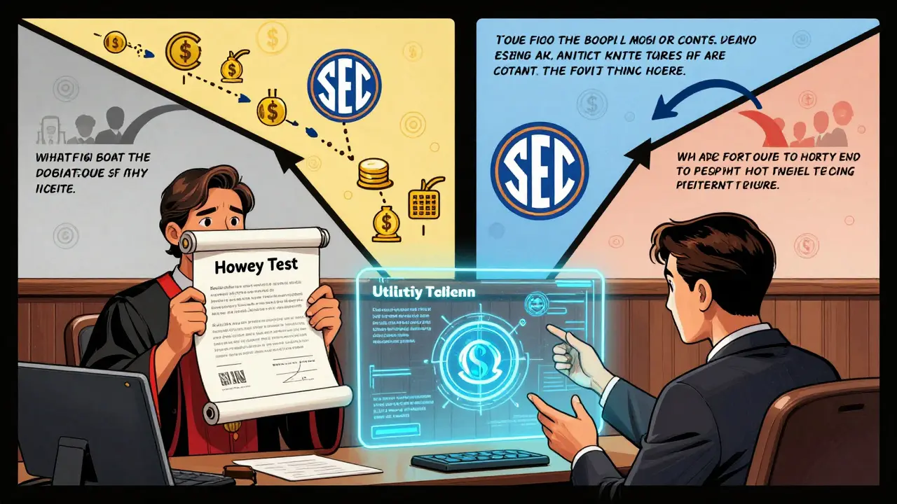 Un avocat présente un jeton dans un tribunal, entre deux chemins : spéculation ou utilité réelle.