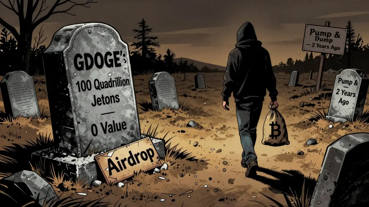 Un cimetière de tokens crypto avec une pierre tombale pour GDOGE, un voleur s'éloignant avec un sac de BNB.