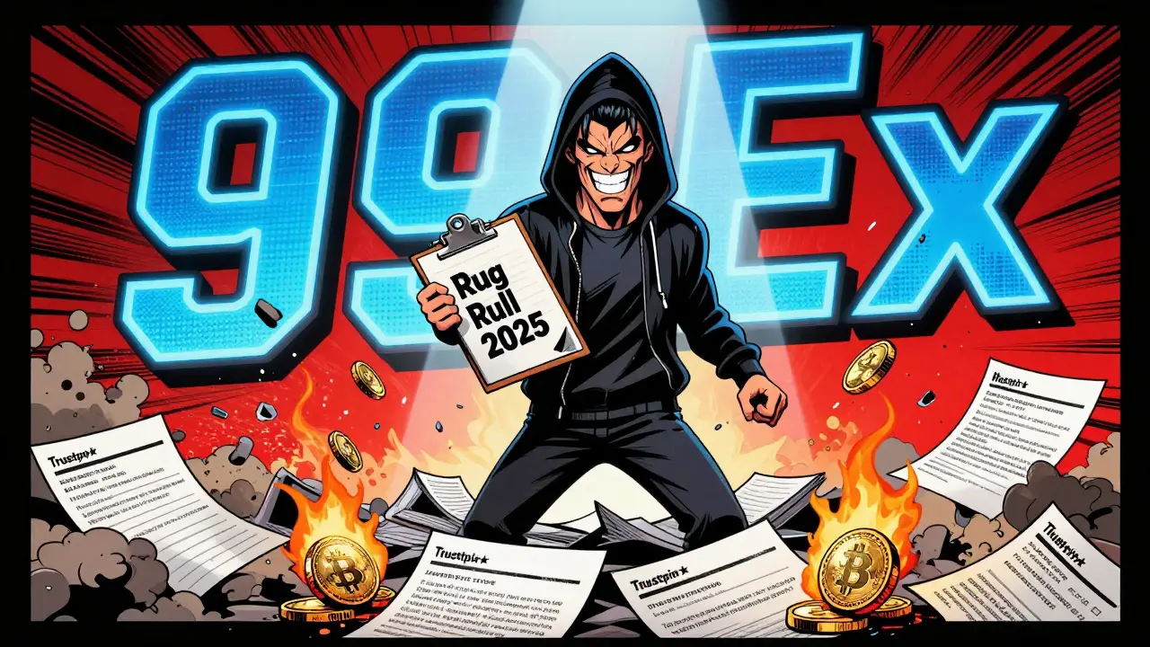 Un criminel masqué détruit des audits falsifiés tandis qu'un signe 99Ex s'effondre.