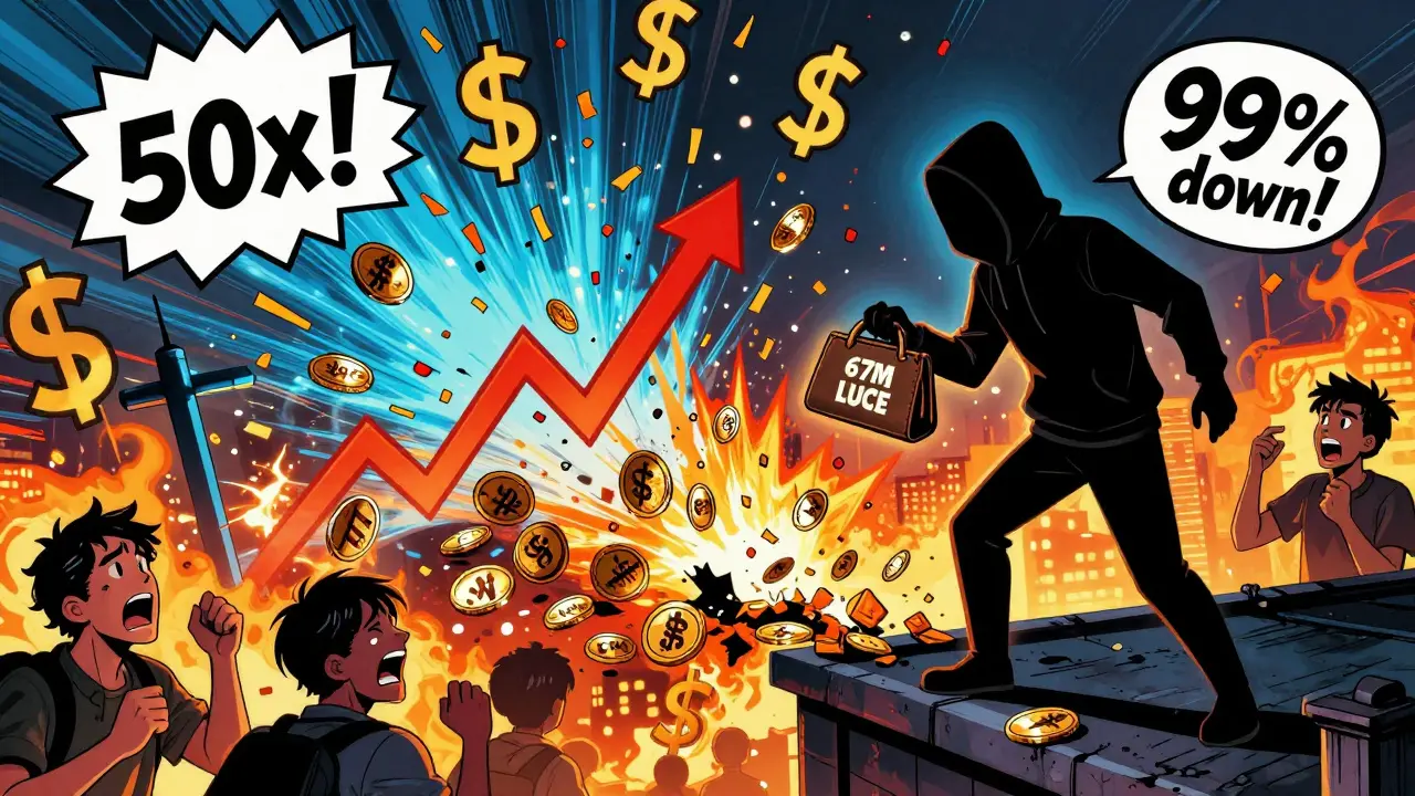 Un graphique de prix qui explose puis s&#039;effondre, avec des pièces brisées et une silhouette mystérieuse sur un toit.