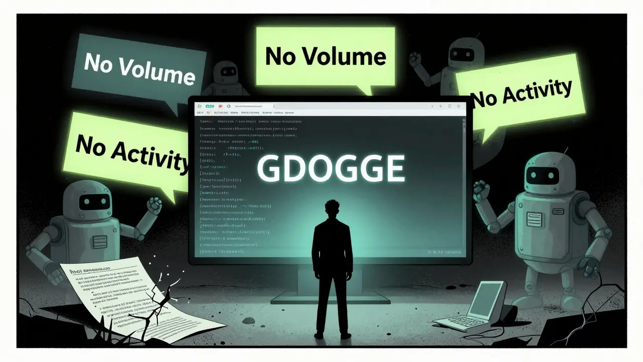 Un investisseur regarde un écran de CoinMarketCap avec des avertissements flottants autour de lui, entouré de bots fantômes.