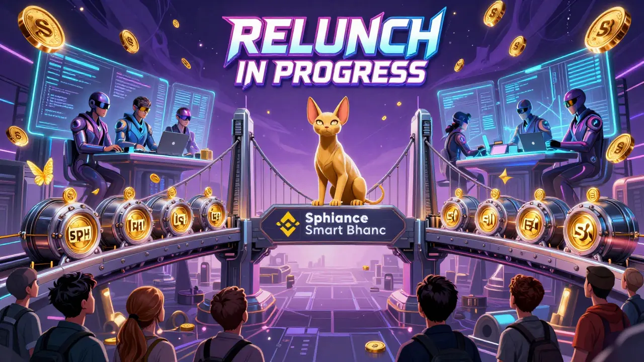 Un pont blockchain Sphynx reliant des réseaux, avec des NFT libérant des jetons SPH comme des papillons.